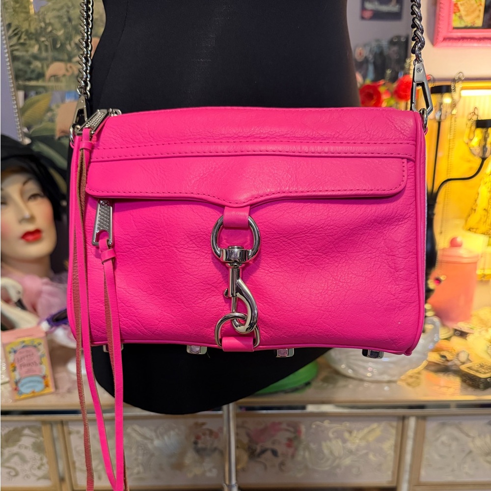 Rebecca Minkoff Mini M.A.C Electric Pink Leather Crossbody Bag Purse Chain Strap